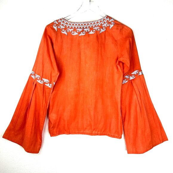 Taj by Sabrina Crippa Popover Blouse Top Orange Metallic Silver Embroidery SMALL - Picture 7 of 8